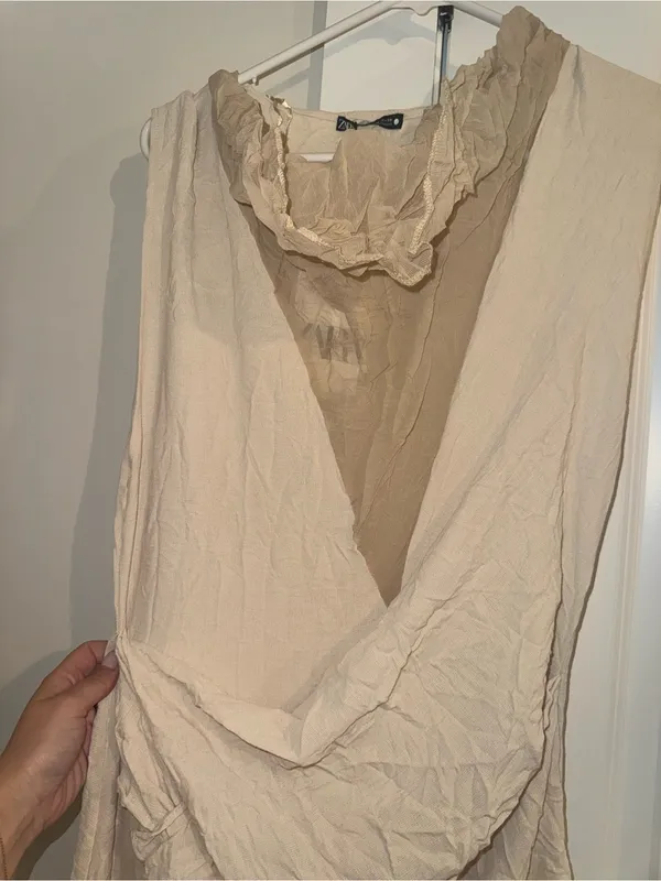Zara Beige Draped Sleeveless Maxi Dress crinkle cut texture - Image 2