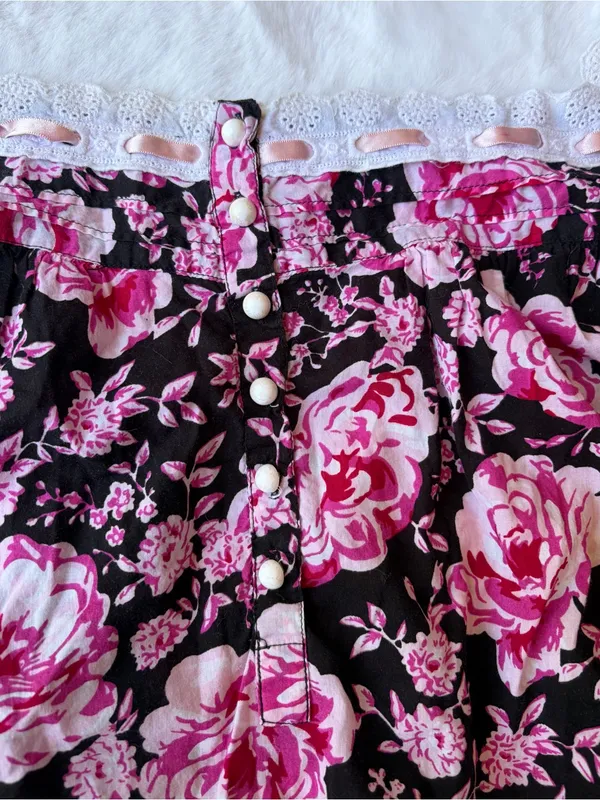 Y2K Cottagecore Floral Lace Trim Pink Rose Print Button Front Nightgown - Image 4