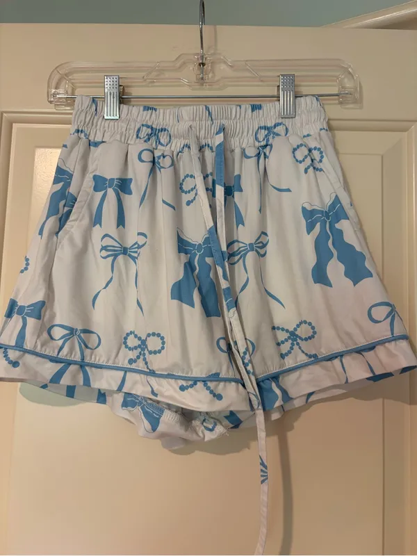 White and Blue Shorts Pajama Set with Bows Size XS - Image 6