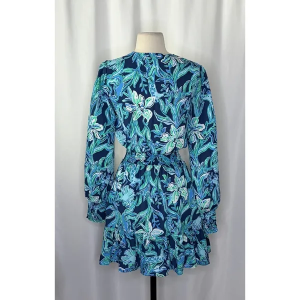 LILLY PULITZER Cristiana Dress‎ High Tide Navy Take It Or Leaf It Smocked 0 - Image 9