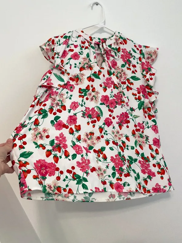ANN TAYLOR Floral Mixed Media Ruffle Sleeve Tie Neck Shell Top White Strawberry - Image 12