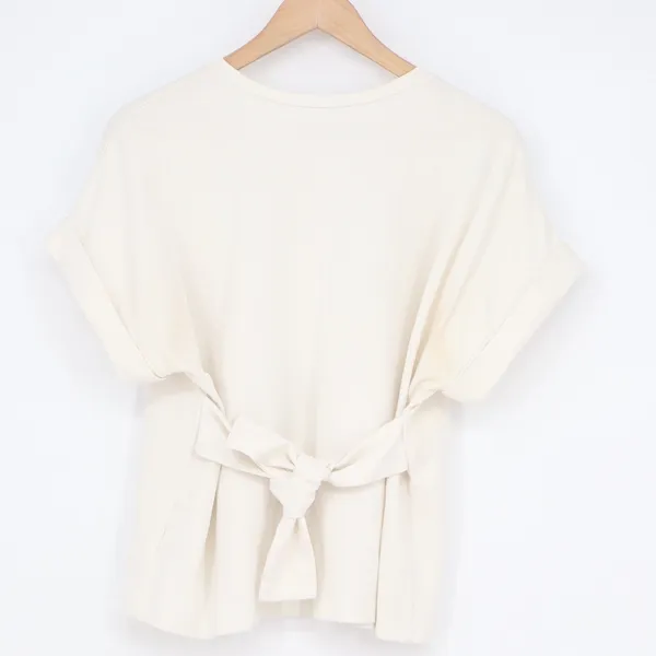 Express Womens Medium Cream Short Sleeve Cuffed Tie Back Knit T-Shirt Top - Image 6
