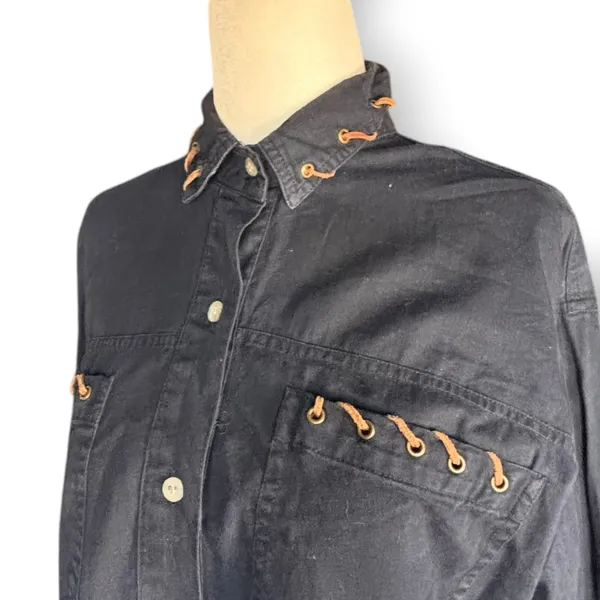 Vintage Black Lace Up‎ Western Shirt Women’s Small Cotton Button Down Ranch Top - Image 3