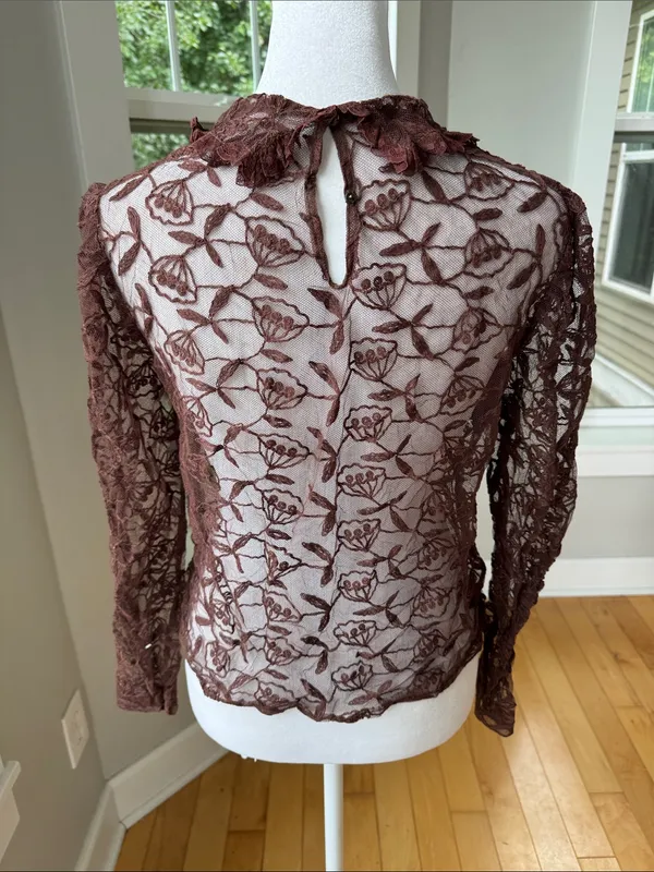 Vintage Brown Floral Lace Ruffle Blouse - Image 4
