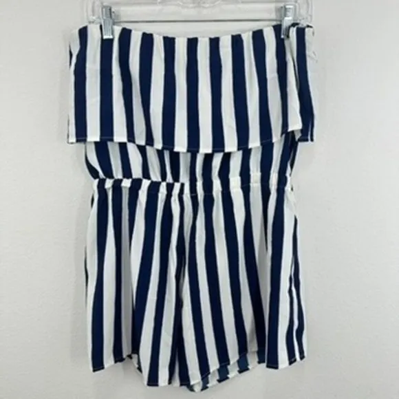 Lulus Striped Strapless Romper Women's Size L Blue White Ruffle Layered‎ Casual - Image 8