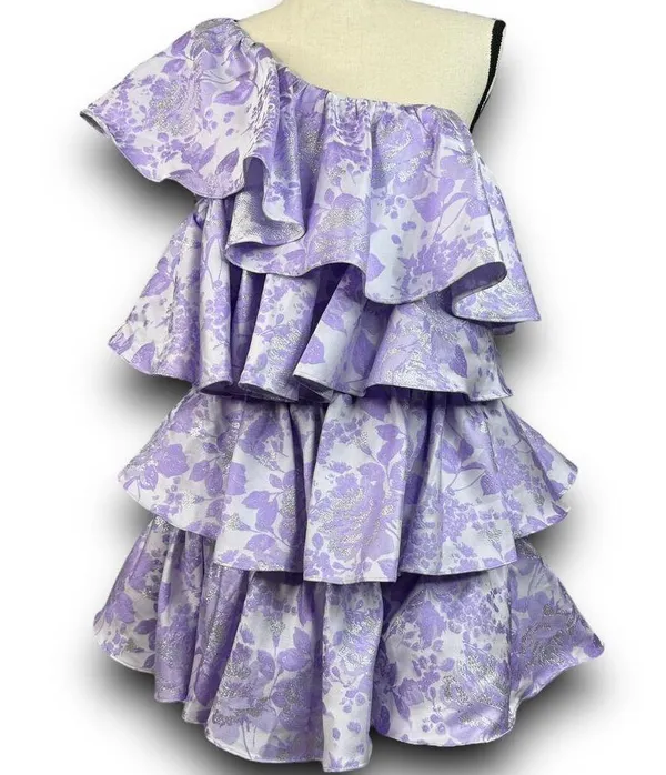 ASOS LUXE Ruffle One Shoulder Jacquard Mini Dress Purple Silver 6 Runs Small - Image 2