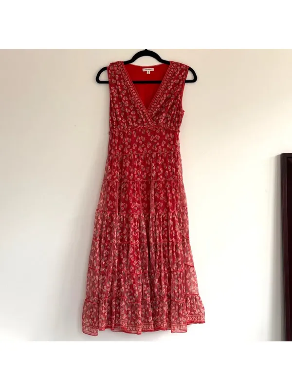Max Studio Red Floral Tiered Maxi Stretch Dress Sleeveless Stretchy Boho - Image 4