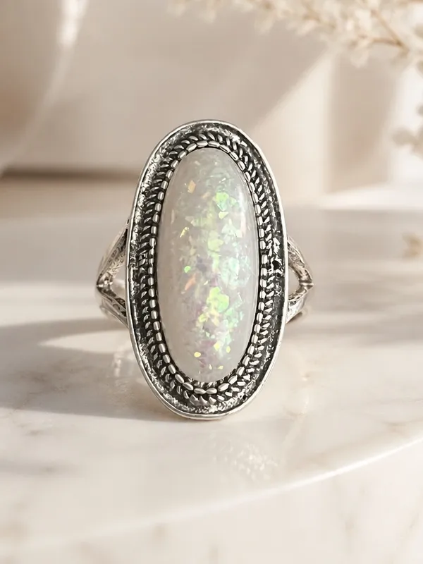 Vintage Design Sparkling Faux Opal SS Silver Statement Ring Size 8 NWT - Image 2