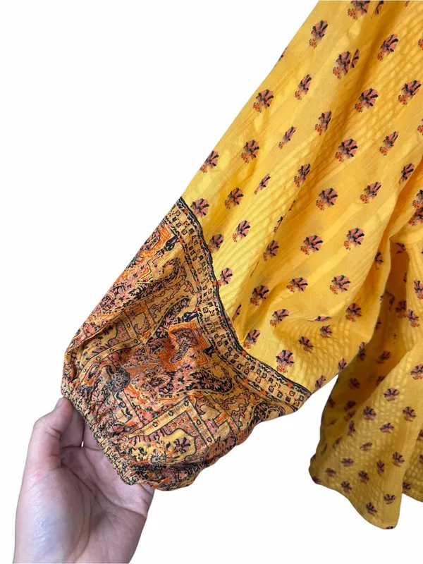 Cleobella Boho Floral Peasant Blouse Babydoll Tunic Organic Cotton Yellow Size L - Image 5