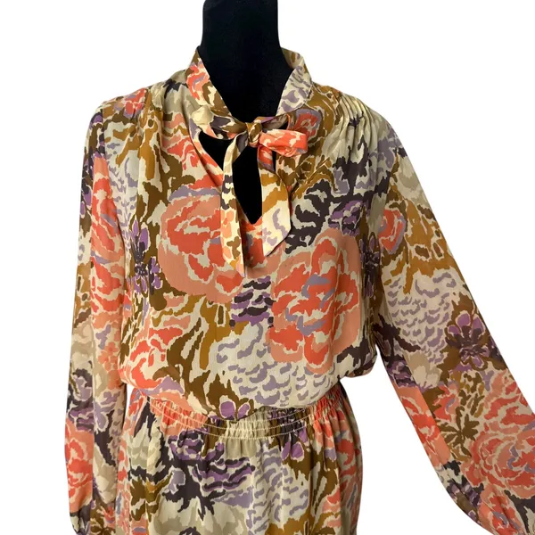 Ralph Lauren BOHO Retro Sheer Chiffon Dress Womens 4 Tie‎ Neck Smocked Indie - Image 3