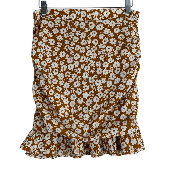 Abound Ruched Floral Ruffle Mini Skirt Brown White Boho Summer Size S - Image 5
