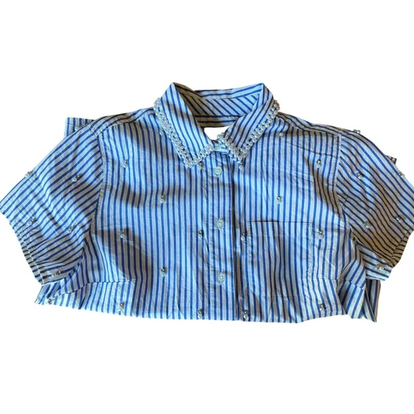 Talbots Petite Blue White Stripe Pearl Embellished Cotton Button Front Shirt SP - Image 8