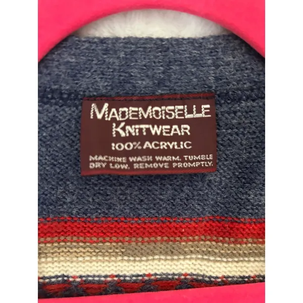 Mademoiselle Knitwear Vintage Nordic Fair Isle Wrap Belted Cardigan Sweater Blue - Image 2
