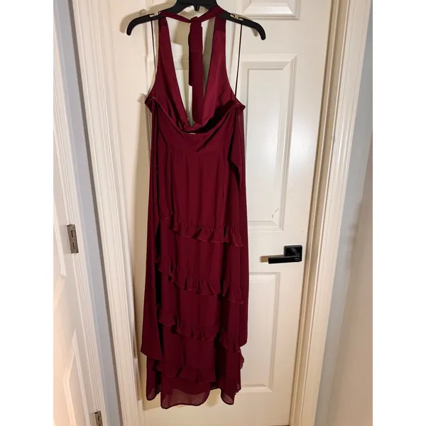 American Threads Burgundy Ruffle‎ Halter Midi Dress Wine Red Tiered V-Neck Small - Image 6