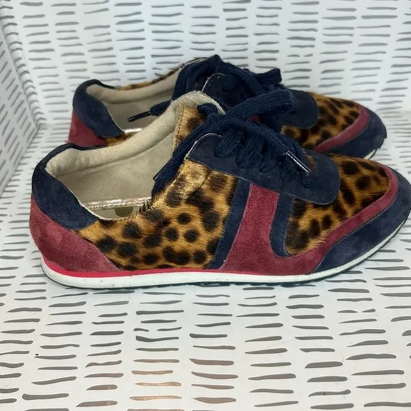 Boden‎ Womens Leopard Calf Hair Suede Sneakers Brown Navy Burgundy Lace Up 37/6 - Image 4