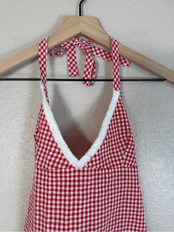 Edikted Charmaine Open Back Gingham Halter Top Red White Small NEW $31 - Image 7