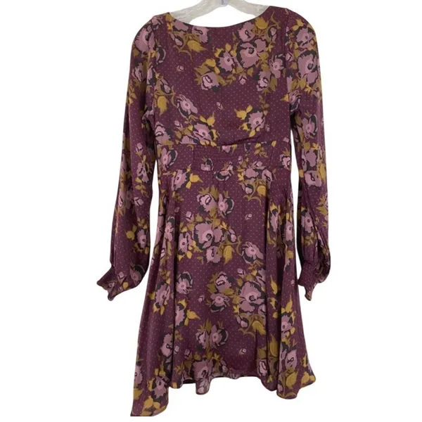Free People $128 Morning Light Purple Plum Fall Floral V-Neck L/S Mini Dress 8 - Image 3