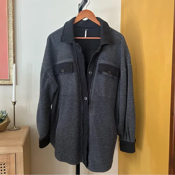 Free People Ruby Jacket Oversized Shacket Fleece Distressed Washed‎ Black Size M - Image 3