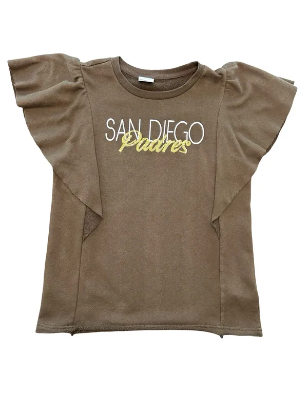 San Diego Padres Ruffle Sleeve cropped Sweatshirt sequin bling Tee raw hem L - Image 3