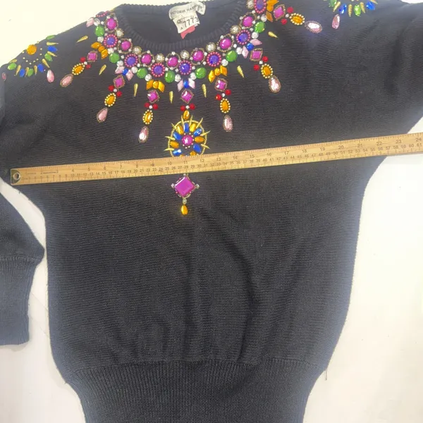 Vintage Beaded Jewel Black Sweater 80s 90s Glam Maximalist Statement Artsy Small - Image 9