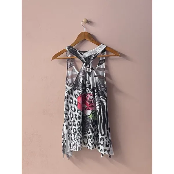 Vtg Y2K Papaya Sheer Striped Rhinestone Floral Animal Print Graphic Tank Sz S - Image 10