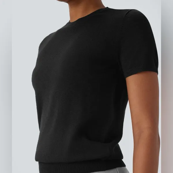 Halara Round Neck Short Sleeve Linen-Feel Sweater – Size Medium – NWT - Image 4