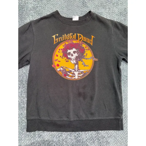 Grateful Dead Sweatshirt Black Skeleton Skull Roses Pullover VTG Y2K Size Medium - Image 2
