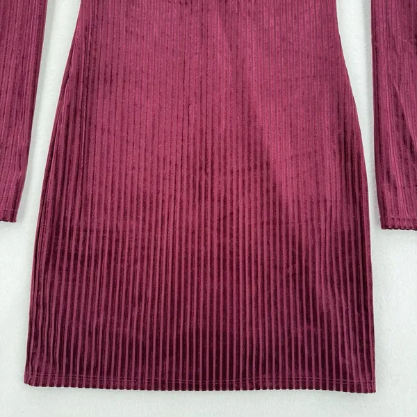 Forever 21 Velvet Dress S Burgundy Ribbed Bodycon Mini Long Sleeve Open Back NWT - Image 5