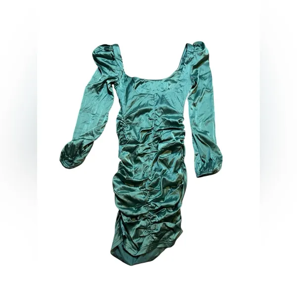 Revolve 💚✨ MORE TO COME Blaire Teal Satin Puff Sleeve Mini Dress‎ XS NWT ✨💚 - Image 3