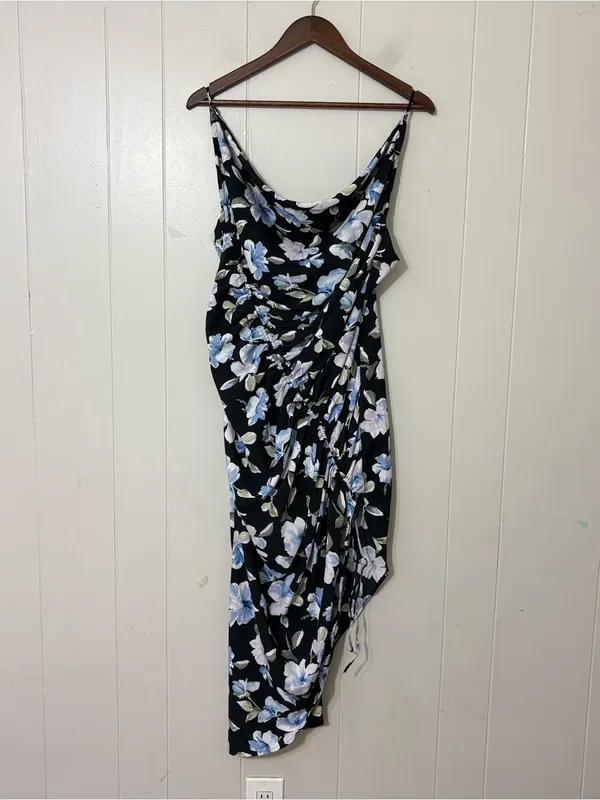 Abercrombie & Fitch Floral Asymmetrical Midi Dress Cowl Neck Cinched Slit Size L - Image 3
