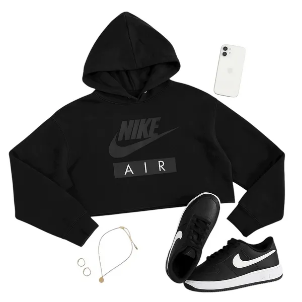 Nike Air Cropped Fleece Hoodie Black Women’s Medium Oversized Athleisure in EUC - Image 11