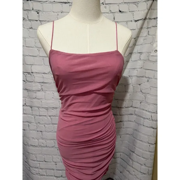 Hello Molly Women's Pink Bodycon Ruched Spaghetti Strap Open Back Dress Large - Image 2