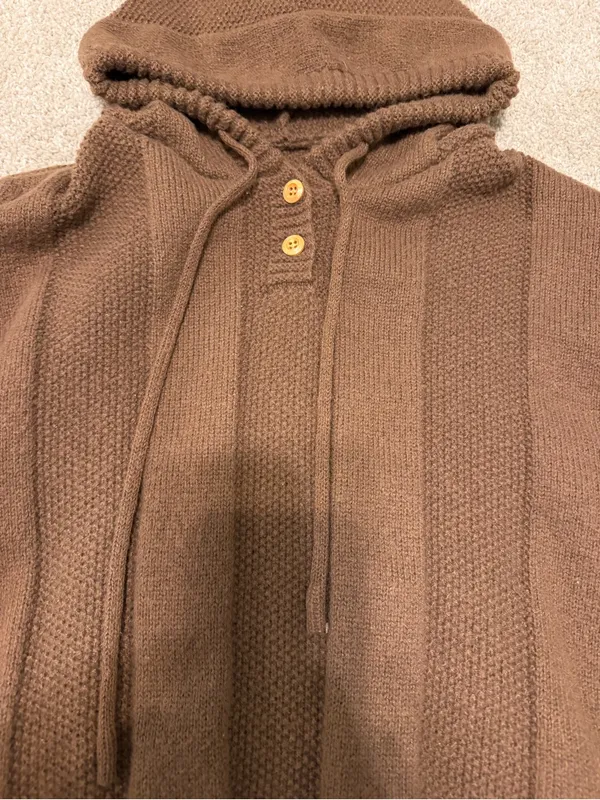 Women’s Brown Knit Hooded Zip-Up Sweater with Button Henley - Image 2