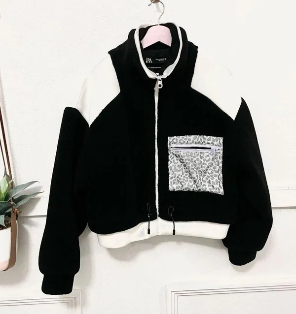 ZARA Contrast Pocket Fleece Jacket Black White Leopard Size M - Image 2