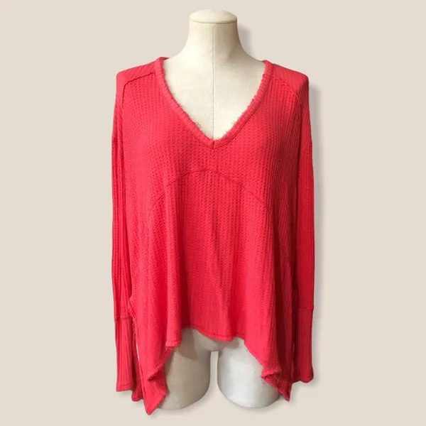 Free People Sunset Park Thermal Oversized Waffle Knit Red Coral Long Sleeve Boho - Image 3
