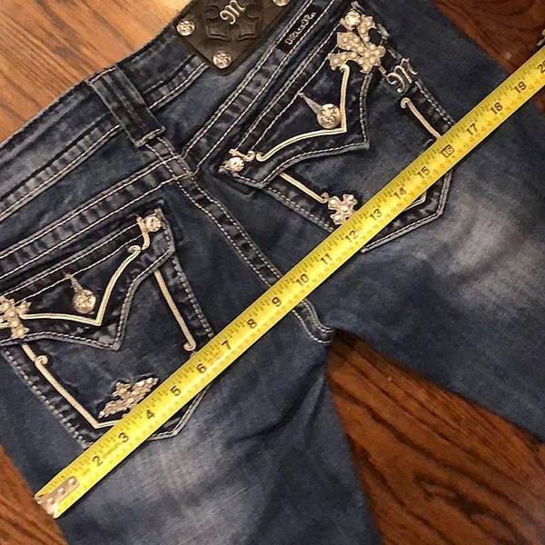 MISS ME Dark Wash Embellished Boot Cut Denim Low Rise Jeans Size 28x31 TAG 28x34 - Image 8