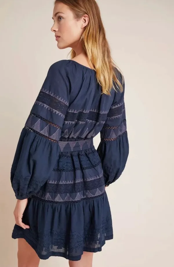 By Anthropologie Skye Embroidered Navy Blue Purple Tie Mini Dress Women's XS - Image 2
