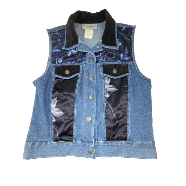 Vintage 1990s Stonebridge blue Floral velvet Satin denim Vest & Skirt Set Size S - Image 2