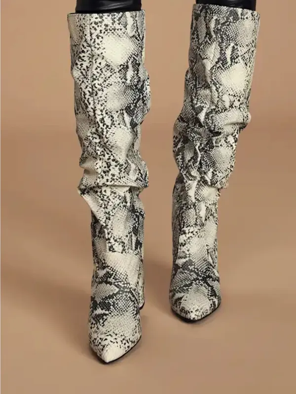 Lulu's White and Black Snake-Print Slouchy Block Heel Boots - Image 2