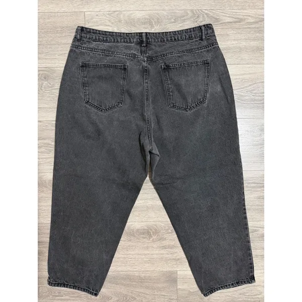 Women Washed Black High Waisted Relaxed Tapered Jeans 36x25 Green Embroidery - Image 3