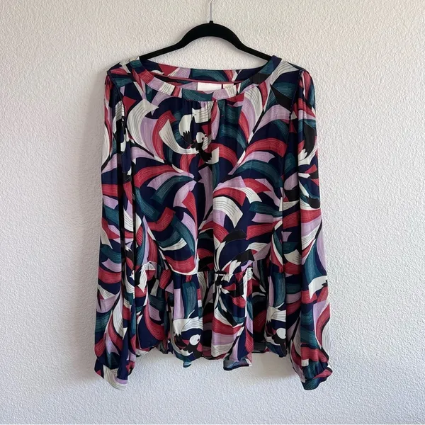 Maeve Anthropologie‎ Cheyenne Blouse Peplum Geometric Brick Navy - Image 2