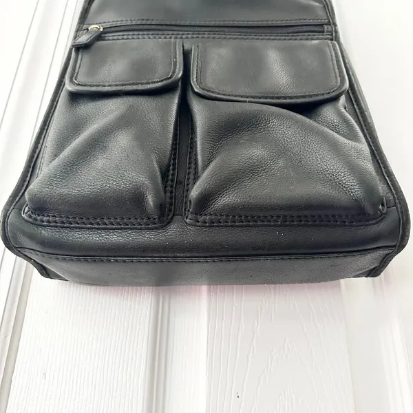 Fossil Vintage Black Leather 75082 Multi Pocket Top Zip Shoulder Bag Key Fob - Image 4