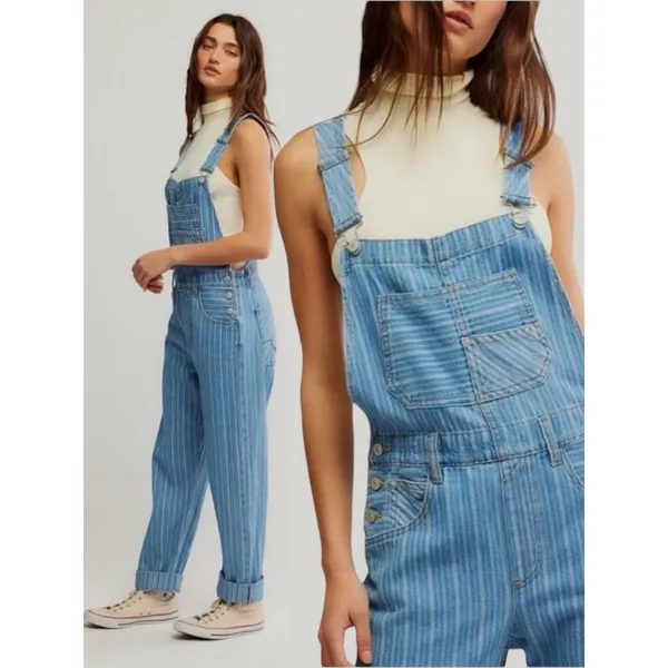 Free People XL Ziggy Striped Overalls in Beachcomber Railroad Bohemian Coastal - Image 6