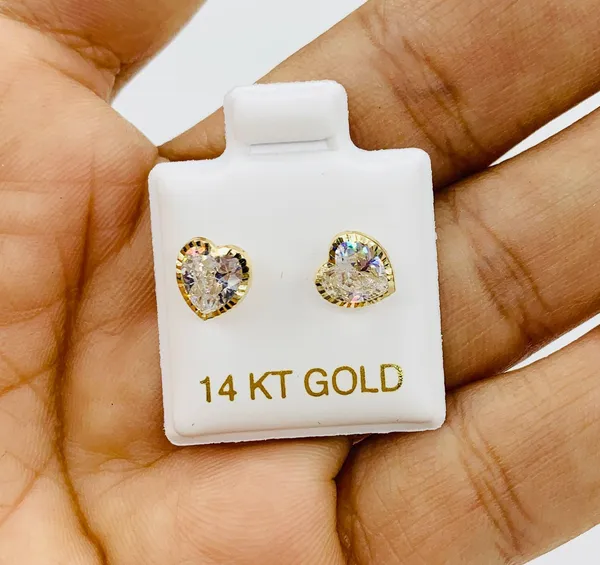 Real 14k Gold Studs Earrings White Heart - Image 2