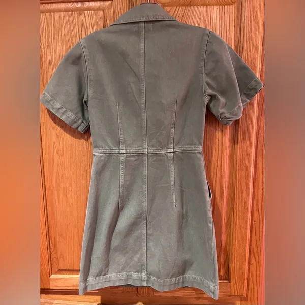 Topshop Clean Front Zip Denim Mini Shirtdress Dress in‎ Light Olive Green Size 4 - Image 12