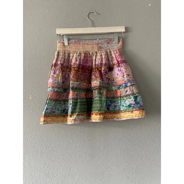Alice and Olivia Multi Color Tiered Floral Patchwork Mini Skirt Smocked Waist - Image 7