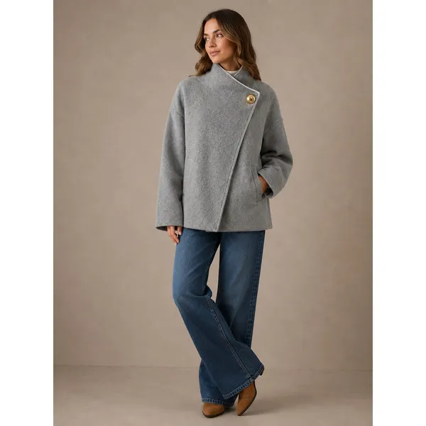 Zara Women Short Coat S Gray Asymmetric High Neck Gold Button Felted Jacket - Image 4