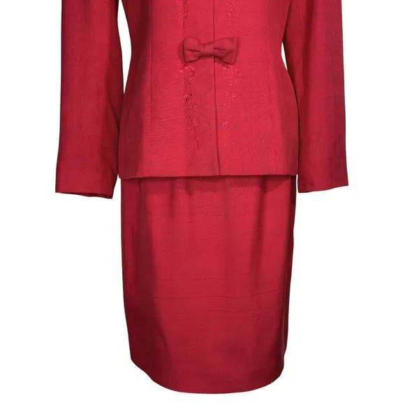 Vintage 90s Liz Claiborne 100% Silk Red Skirt Suit Set Bow Embroidery Size 6‎ - Image 3