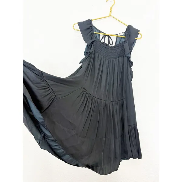 Free People Want Your Love Black Mini Dress Small Smocked Tie Back Boho Babydoll - Image 11
