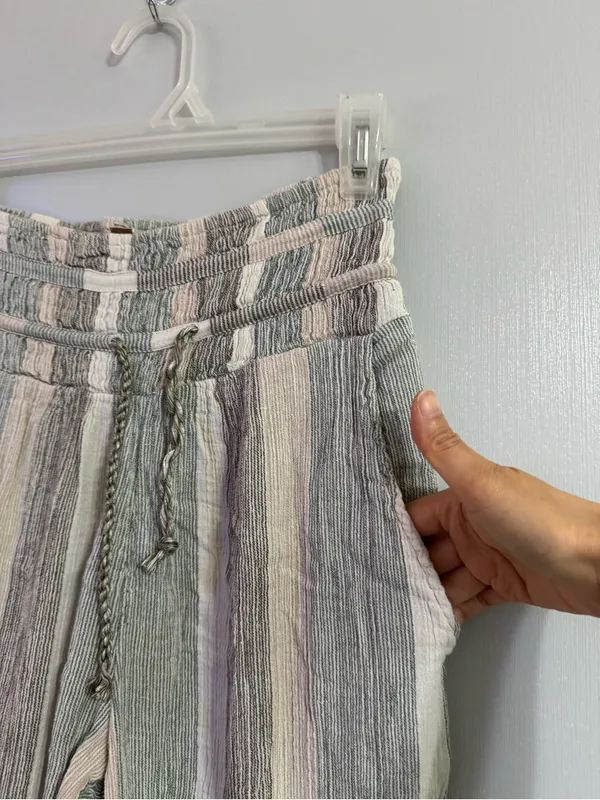 Free People Cotton Striped Wide Leg Pants in Pastel Green, Black & Cream Size XS - Image 7